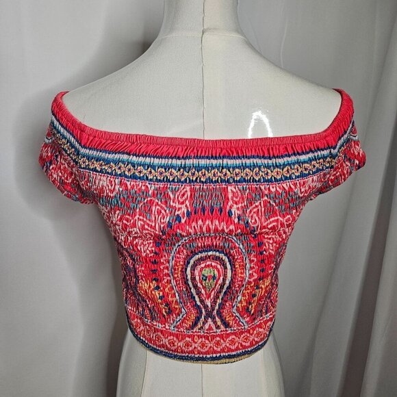 Flying Tomato Paisley Medium Off Shoulder Crop Top Cinch Stretchy Boho Red - Picture 3 of 6
